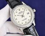 Rolex Datejust 40mm Diamond Bezel WG Case White Face Black Leather Band Watch